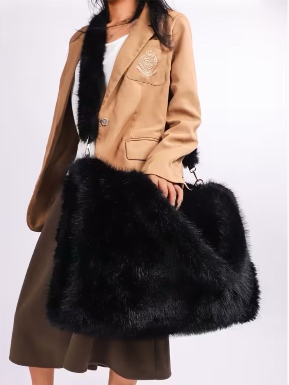 Black Faux Fur Tote Long Strap Crossbody Travel Shopping School Bag Zipper Top